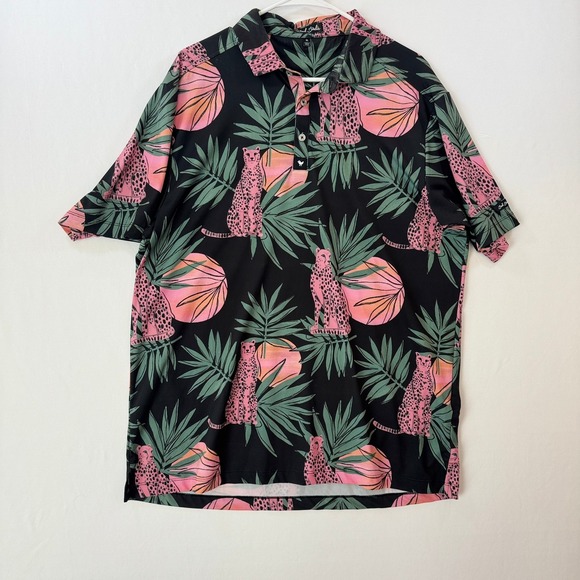 Other - Bad Birdie Mens Pink Cheetah Tropical Palm Golf Polo Shirt Black XL